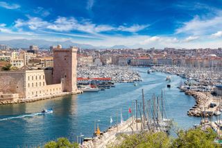 Present day view of Saint Jean Castle and Cathedral de la Major and the Vieux port in Marseille, France.