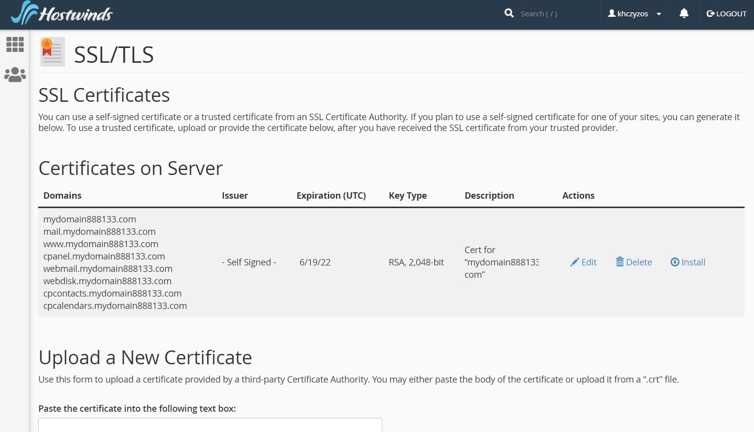 Hostwinds' settings page for SSL certificates