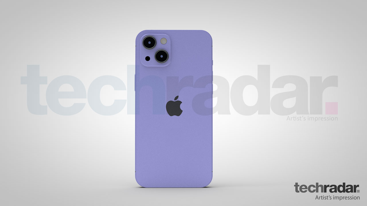 An artist's impression of the iPhone 13 in purple showing the rear of the phone