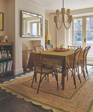 dining room with table with bistrot style chairs and scallop edge jute rug with green trim and mirror, chandelier and back doors in background