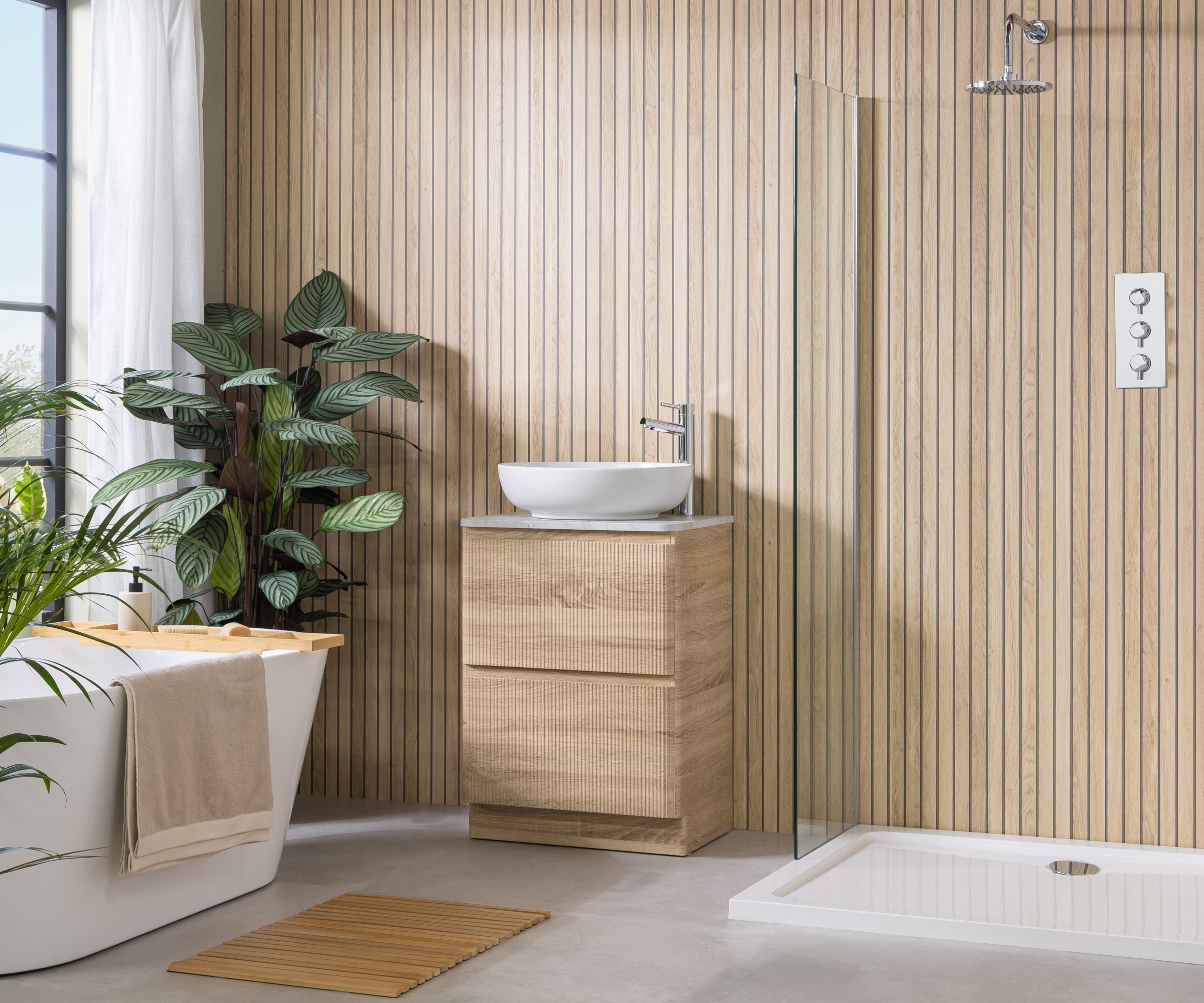 bathroom with modern timber wall sats, wooden vanity unit, walk in shower and white modern freestanding bath