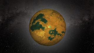 a gold and brown planet in space, with thousands of stars behind it