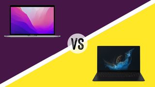 MacBook Pro and Samsung laptop on purple and yellow background 