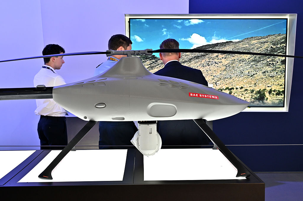 A BAE Systems and Sentinel Unmanned Longreach70 small UAS (Uncrewed Air System) used for intelligence, surveillance, target acquisition and reconnaissance drone is displayed