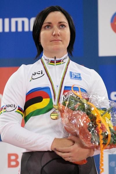Anna Meares (Australia) just about holds it together as the national anthem is played at the medal ceremony for the women's 500m time trial.