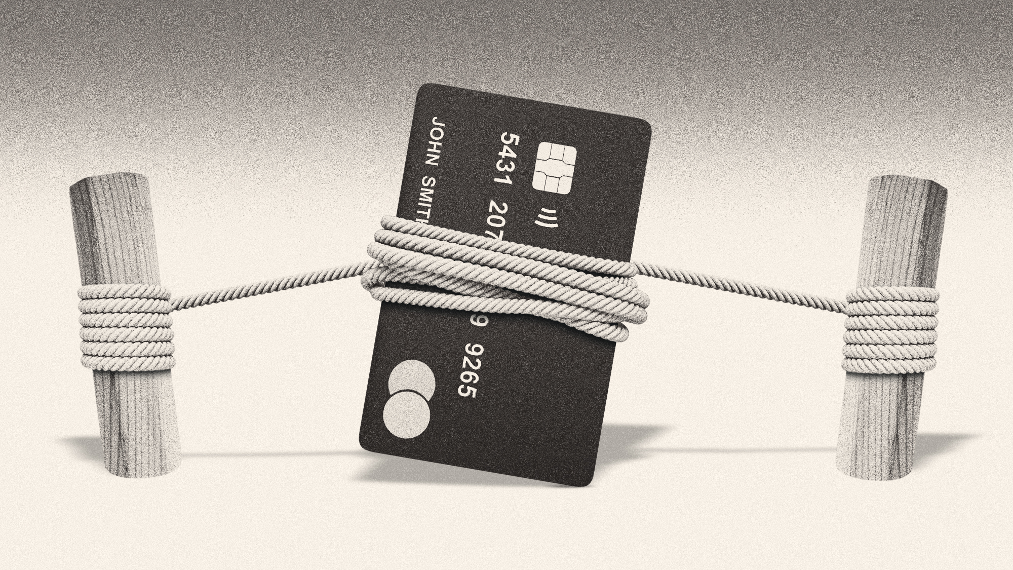 Illustration of a credit card tied down with rope and wooden stakes
