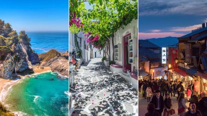 Comp image of the best places to visit in September, including Big Sur, Paros and Kyoto