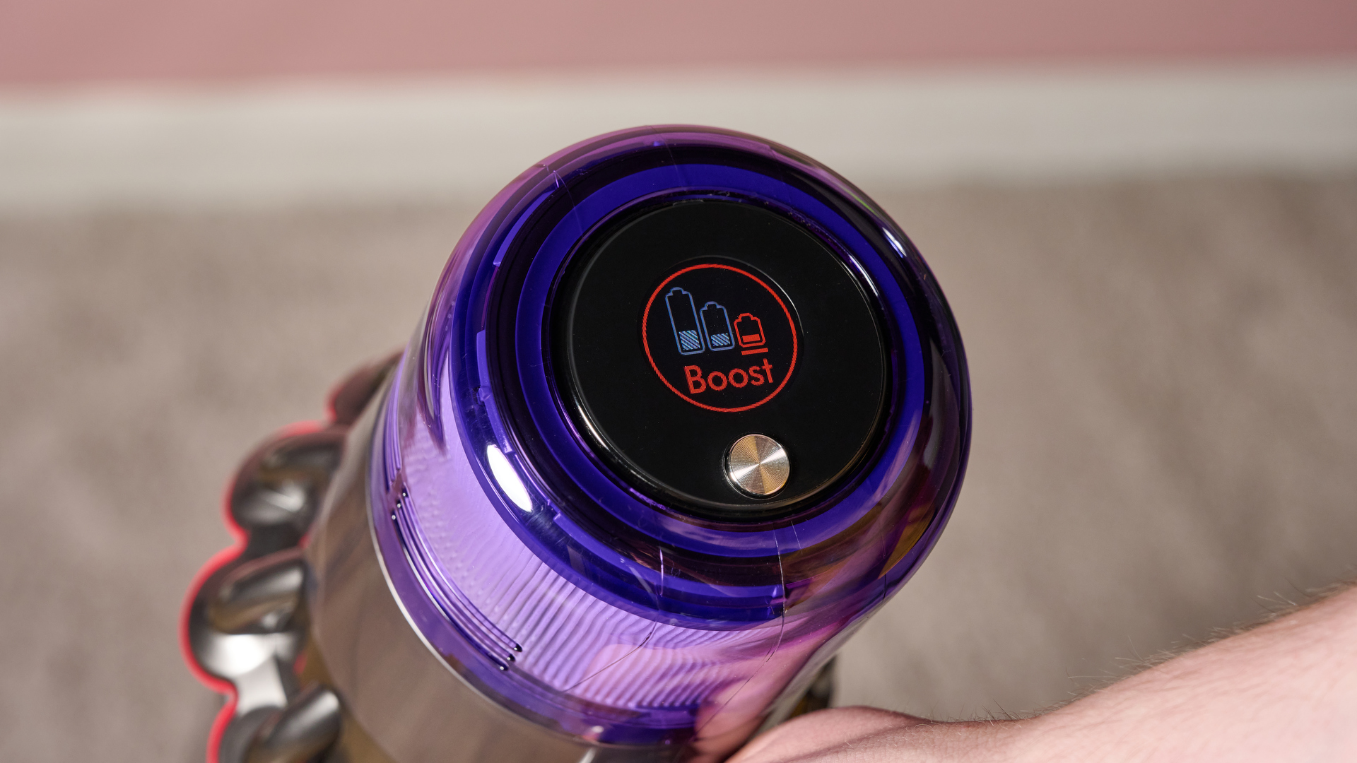 Close up of control screen on Dyson V11 stick vacuum