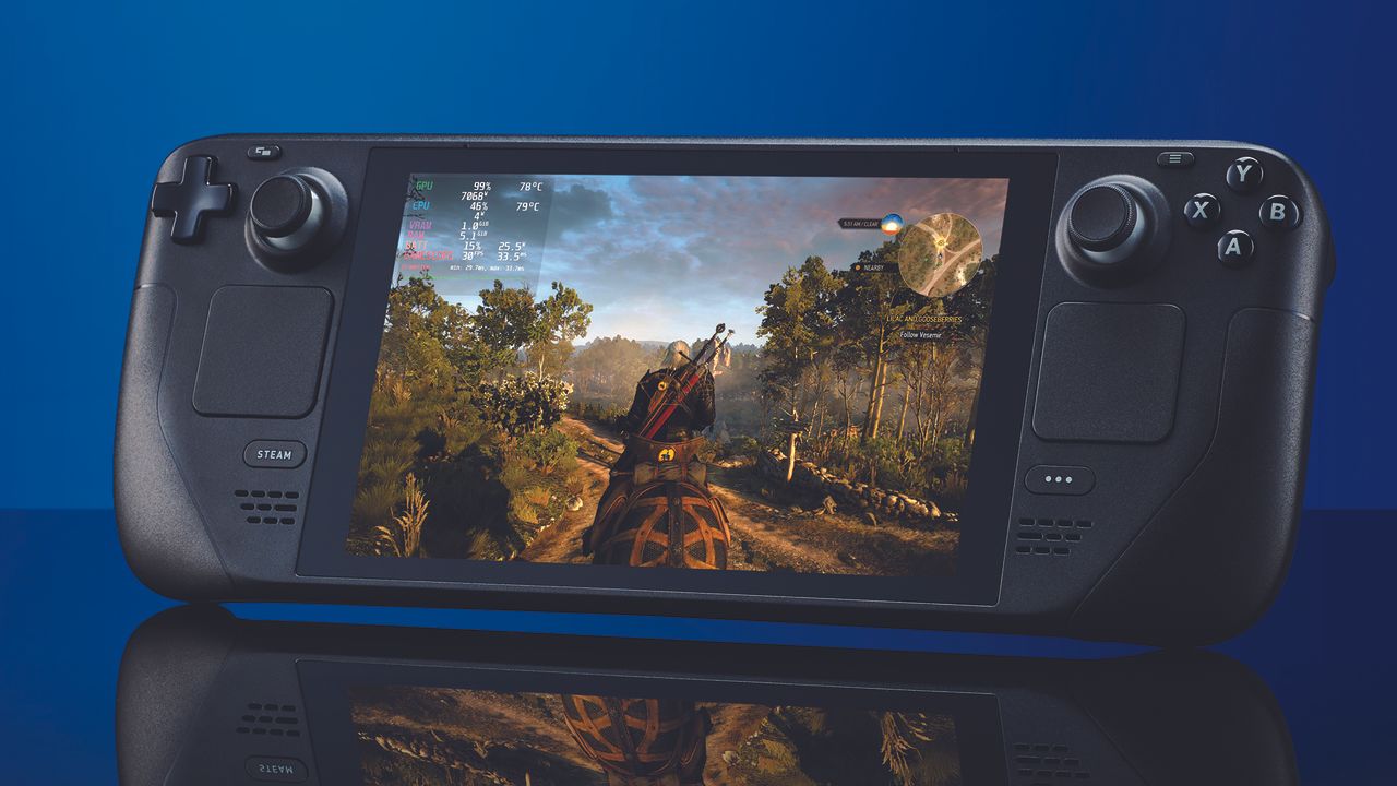 Steam Deck handheld console running The Witcher 3: Wild Hunt