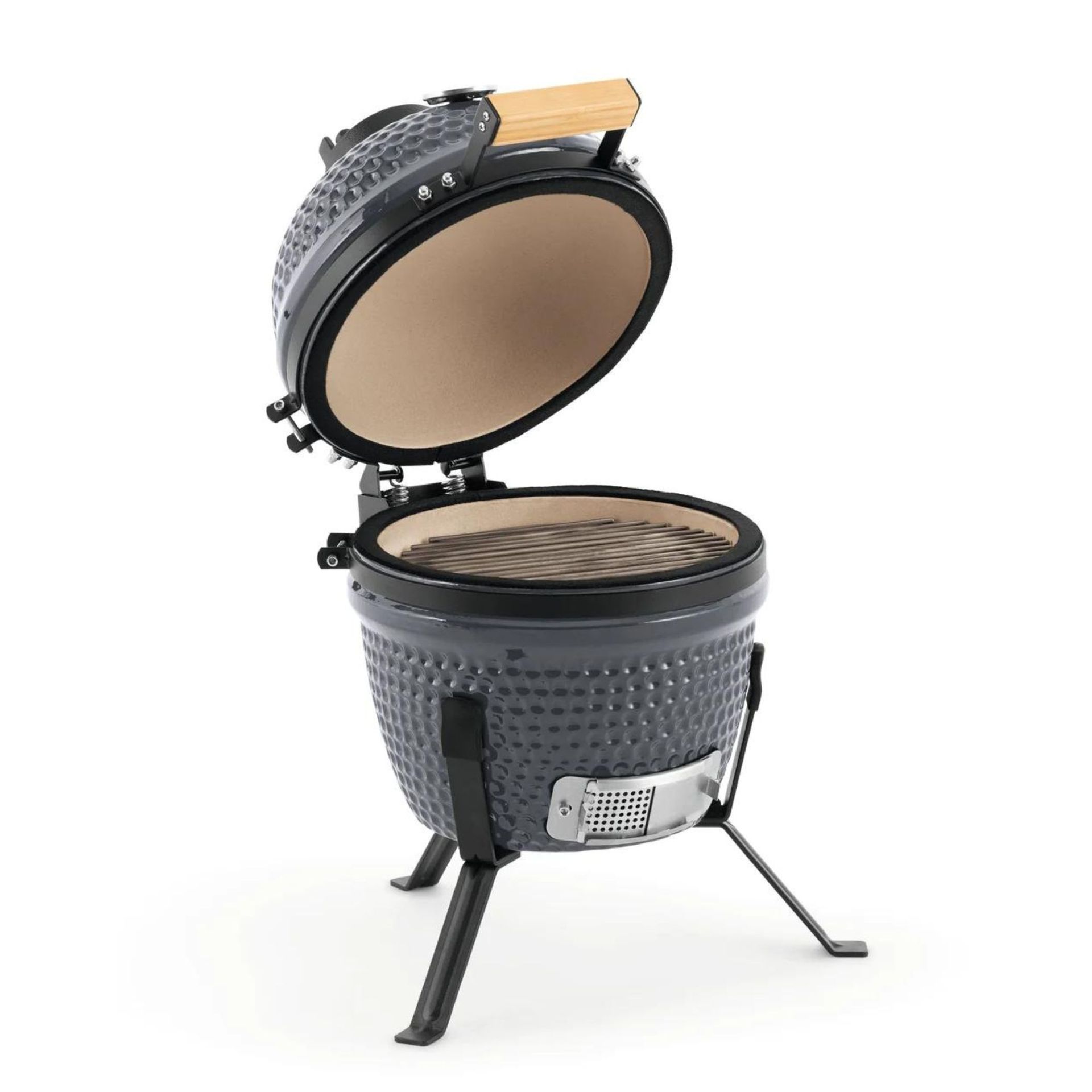 A grey ceramic egg-shaped BBQ