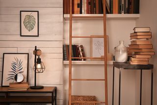 Bookshelves in room with ladder and artwork