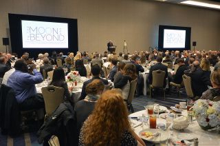 Apollo-era flight director Gene Kranz addresses Space Center Houston’s "To the Moon and Beyond" luncheon guests at the Marriott Marquis in Houston, Texas on Tuesday, Oct. 23, 2018.