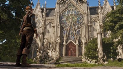The Hero looks up at an ornate temple in Fable (2027) for Xbox Series X in the middle of a lush, green forest