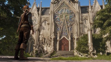 The Hero looks up at an ornate temple in Fable (2027) for Xbox Series X in the middle of a lush, green forest