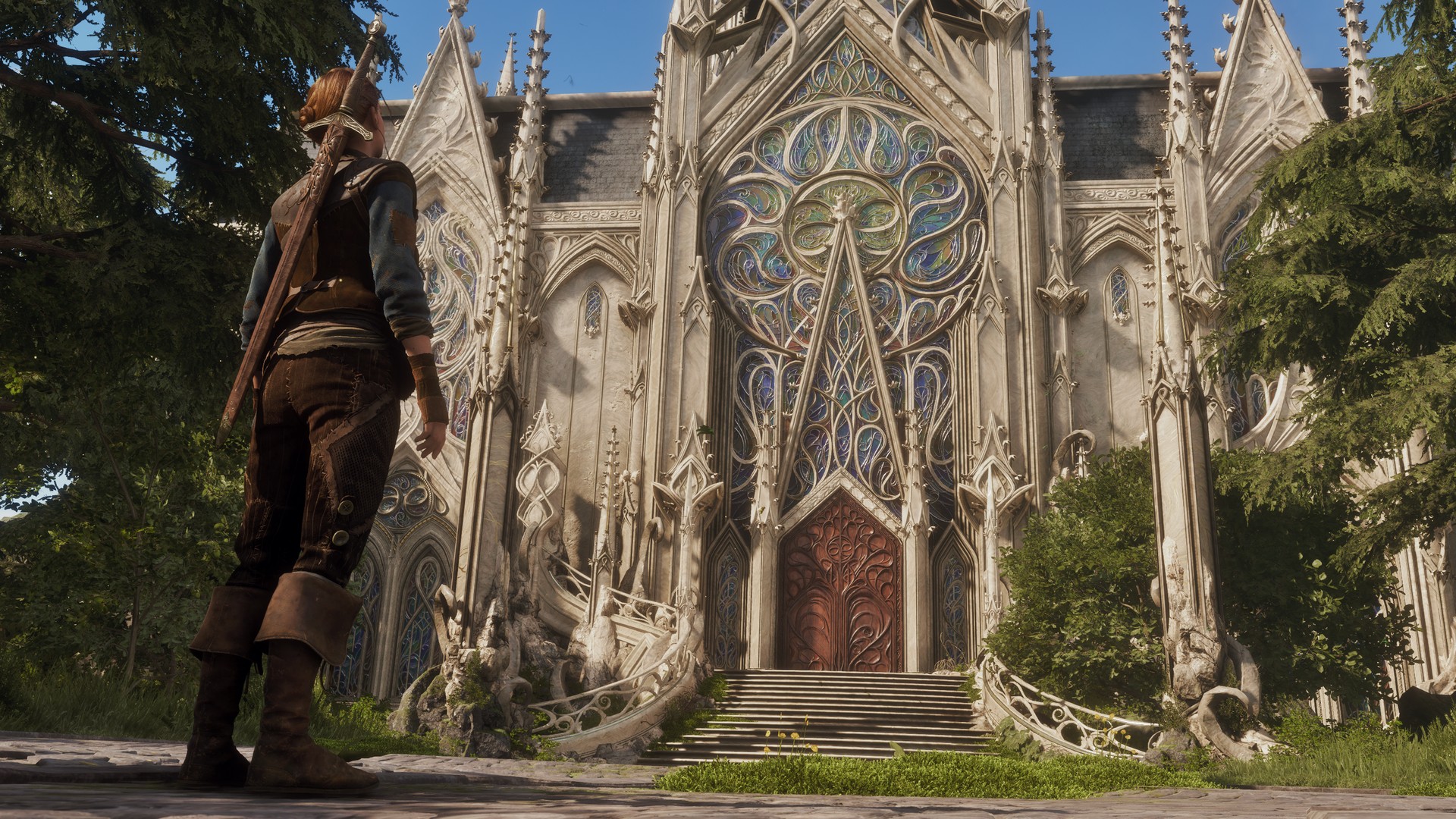 The Hero looks up at an ornate temple in Fable (2027) for Xbox Series X in the middle of a lush, green forest