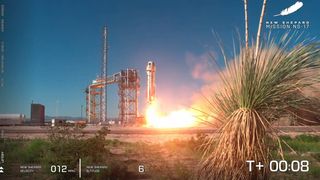 Blue Origin's New Shepard rocket and capsule, the RSS H.G. Wells, launches on the NS-17 suborbital spaceflight from West Texas on Aug. 26, 2021.