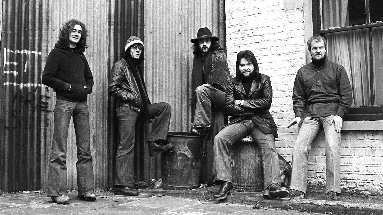 Manfred Mann's Earth Band pose in a London street, 1976
