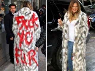 Khloe Kardashian wears a faux fur coat and makes anti-fur statement.