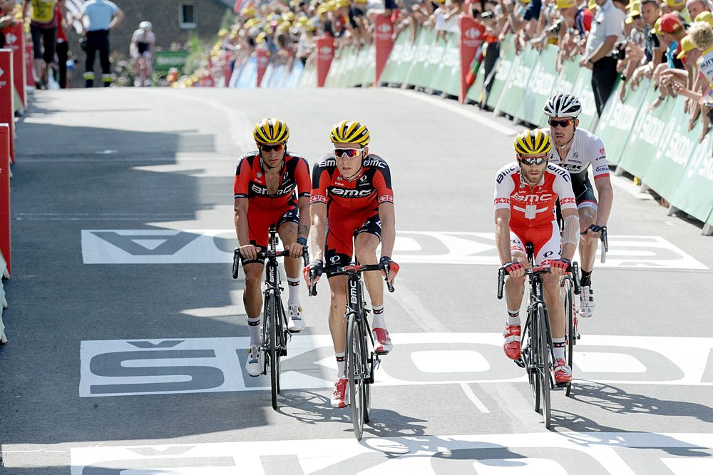 BMC riders Damiano Caruso, Michael Sch&auml;r, Danilo Wyss and Trek's Gregory Rast