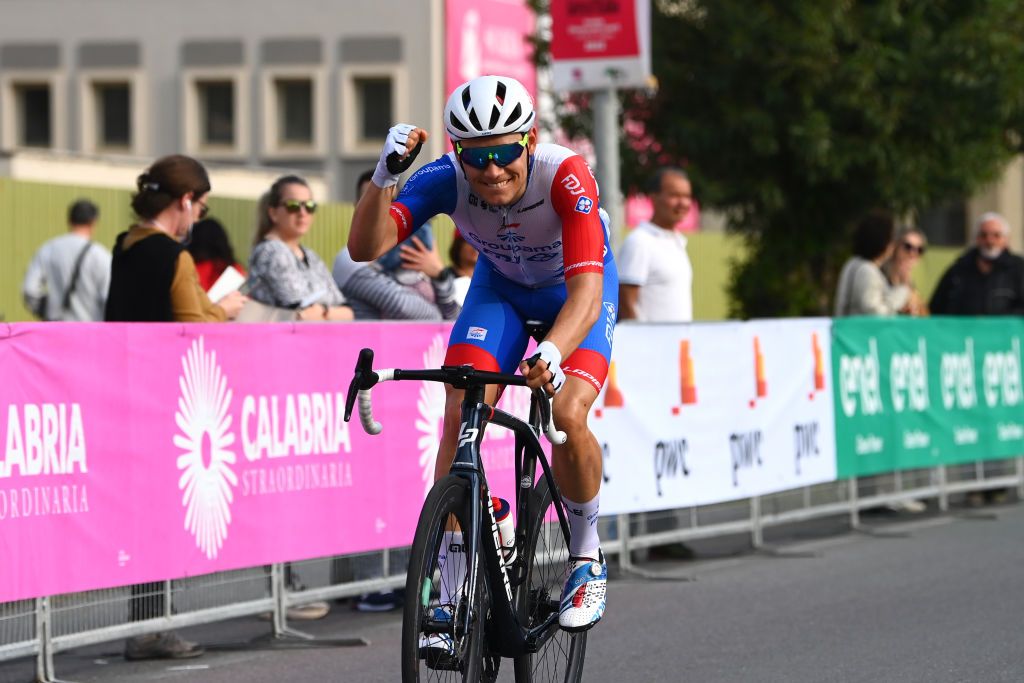 SCALEA ITALY MAY 12 Clement Davy of France and Team Groupama FDJ celebrates at finish line the victory of his teammate Arnaud Demare of France and Team Groupama FDJ Purple Points Jersey during the 105th Giro dItalia 2022 Stage 6 a 192km stage from Palmi to Scalea Giro WorldTour on May 12 2022 in Scalea Italy Photo by Tim de WaeleGetty Images