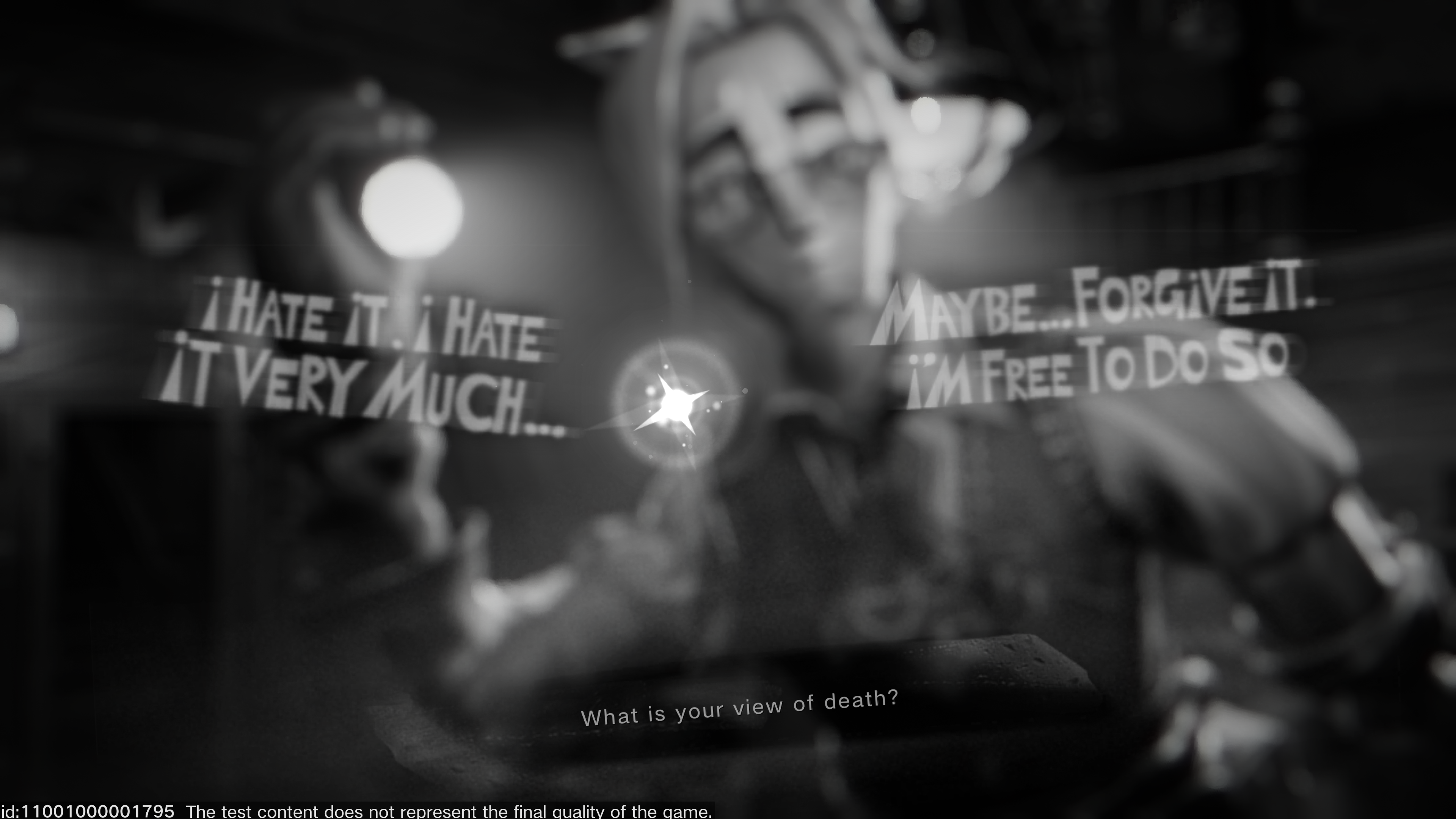 A screenshot of Sea of Remnants. A puppet man shines a light toward the viewer and gives them two dialogue options.