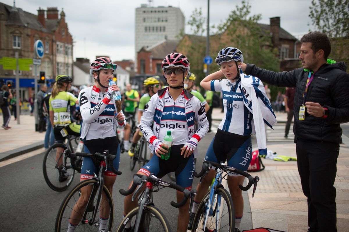 Clara Koppenburg (GER), Ashleigh Moolmann-Pasio (RSA) and lotle of Cerv&eacute;lo-Bigla Cycling Team relax after the Aviva Women's Tour