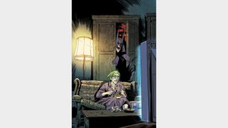 The Joker watches TV while a monstrous Batman hides in a closet.