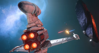 A B-Wing Starfighter from Star Wars: Squadrons pursues an enemy TIE Fighter.