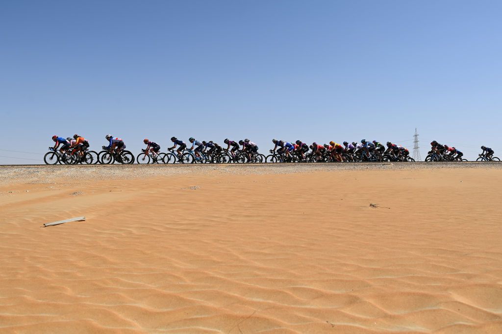 AL MIRFAUNITED ARAB EMIRATES FEBRUARY 10 A general view of the peloton passing through the desert during the 1st UAE Tour Women 2023 Stage 2 a 133km stage from Al Dhafra Castle to Al Mirfa UAETourWomen on February 10 2023 in Al Mirfa United Arab Emirates Photo by Tim de WaeleGetty Images