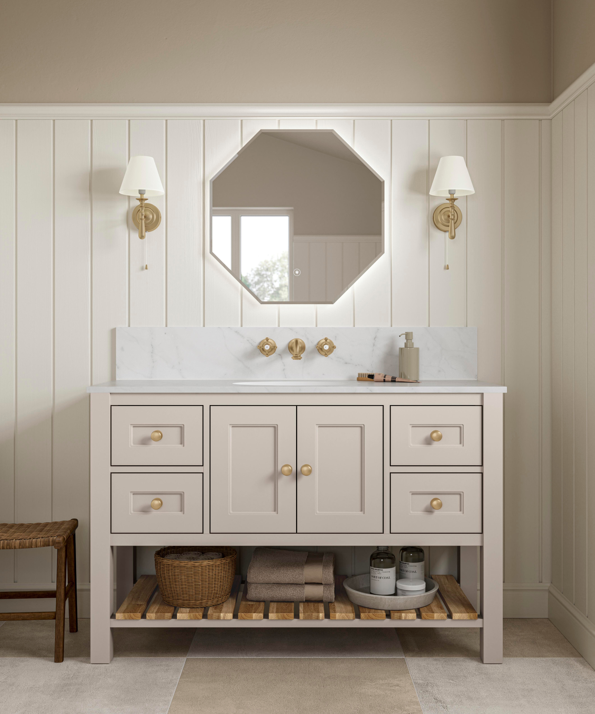 bathroom vanity unit with sink, doors, drawers and wooden shelf below, mirror above and two wall lights on panelled wall