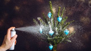 Person spraying small Christmas tree with artificial snow