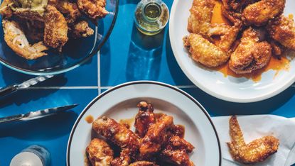 Air-fryer chicken wings with three sauces 
