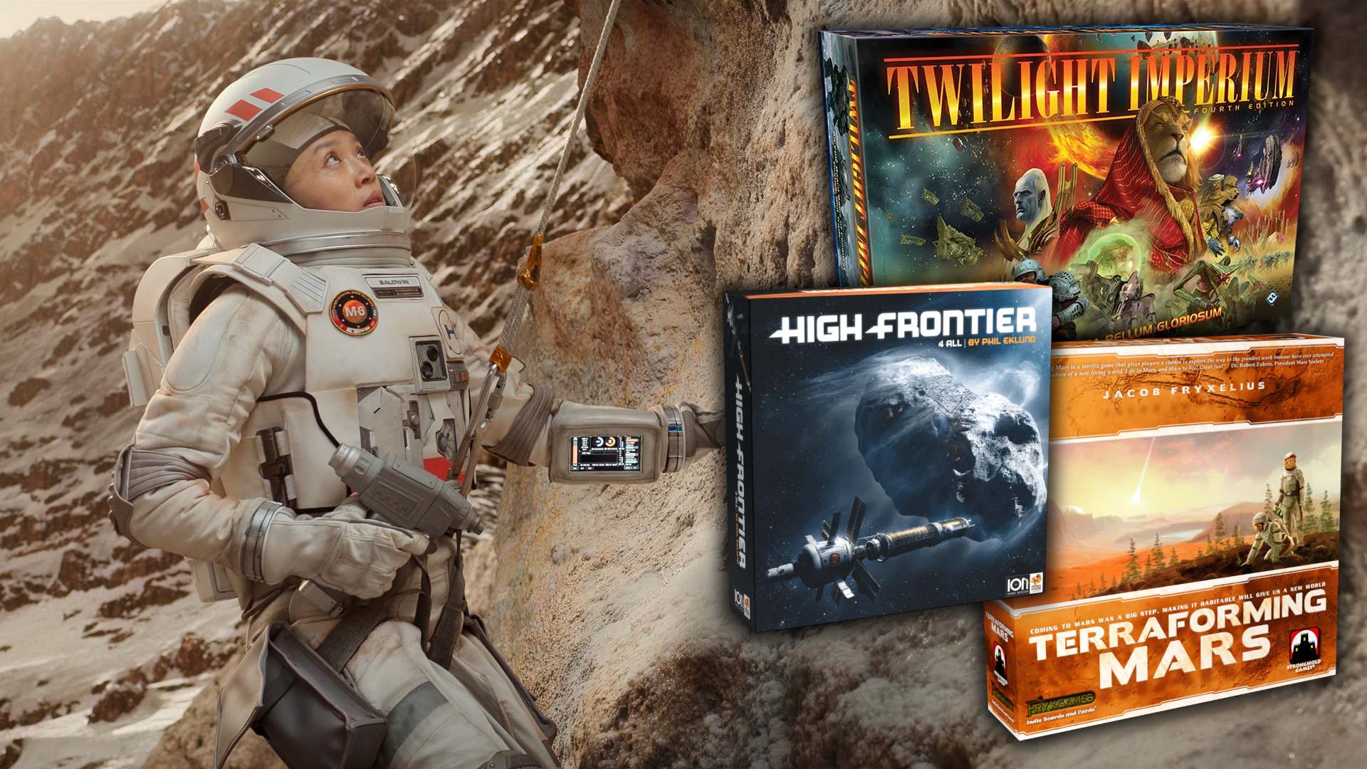 A screenshot of the Apple TV sci-fi show "For All Mankind" with three space-based board games super-imposed on top.