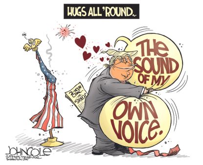 Political Cartoon U.S. Trump CPAC Flag hug