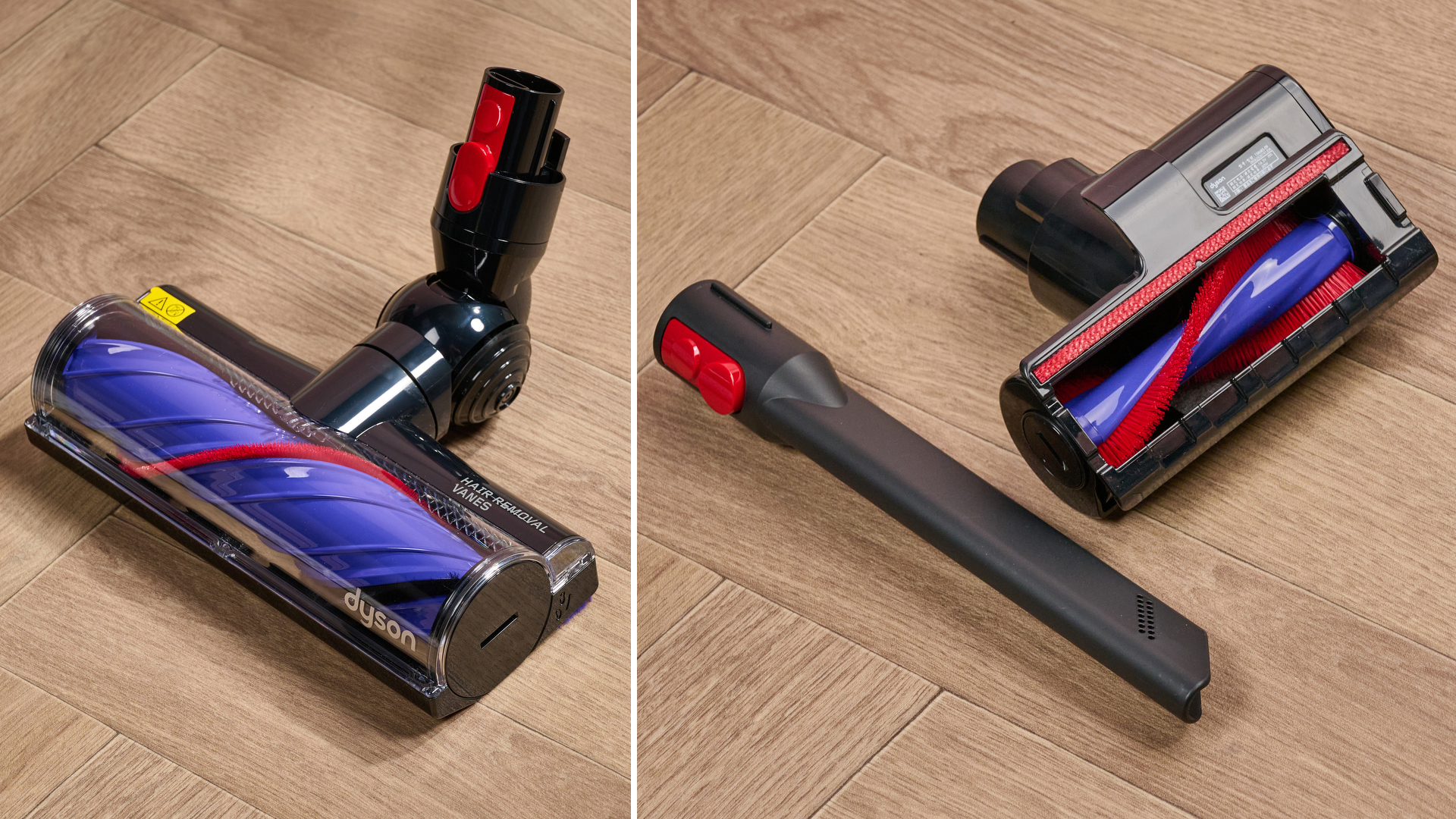 Motorbar cleaner head, Crevice tool and Mini motorized floorhead that accompany the Dyson V8 Cyclone vacuum