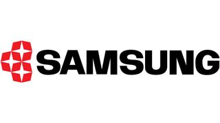 Samsung logo from 1980, with black wordmark alongside emblem of three red stars in square boxes