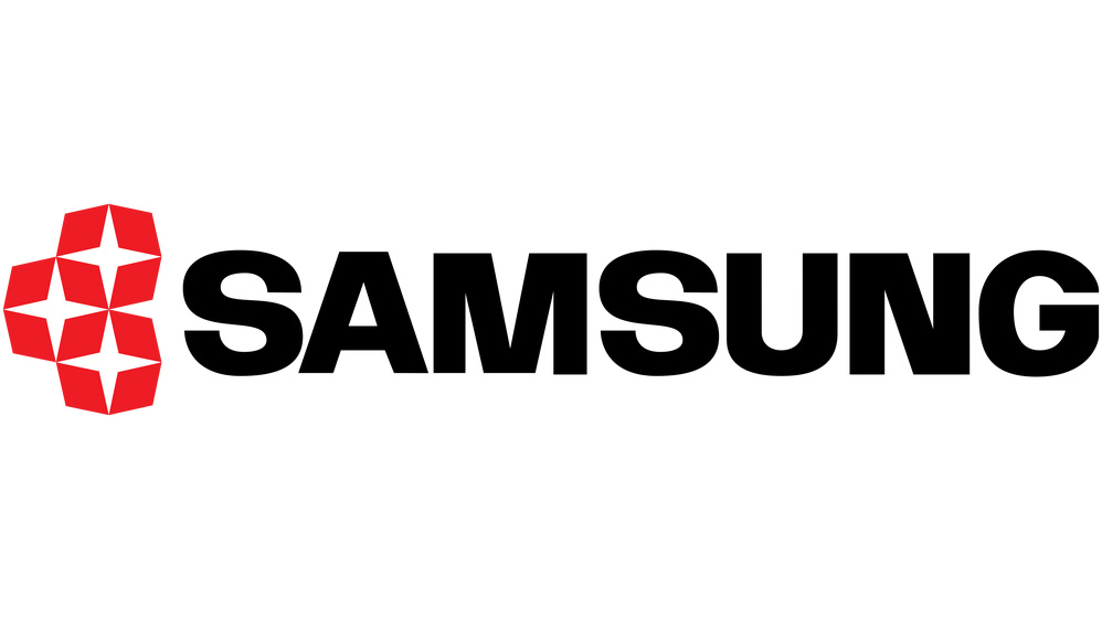 Logo Samsung de 1980, avec un mot-symbole noir à côté de l'emblème de trois étoiles rouges dans des cases carrées