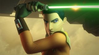 Screenshot from the animated T.V. show Star Wars Rebels. Here we see Ezra Bridger (male, short dark hair, thick eyebrows) holding a green lightsaber just in front of his head in a defensive position. He has 2 scratches on his cheek.