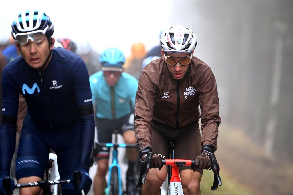 LIENZ AUSTRIA APRIL 22 Geoffrey Bouchard of France and AG2R Citroen Team Blue Mountain Jersey competes in rainy and foggy conditions during the 45th Tour of the Alps 2022 Stage 5 a 1145km stage from Lienz to Lienz TouroftheAlps on April 22 2022 in Lienz Austria Photo by Tim de WaeleGetty Images