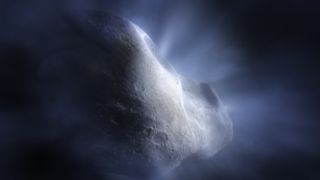 a large rock in space from which is streaming a white cloudy haze