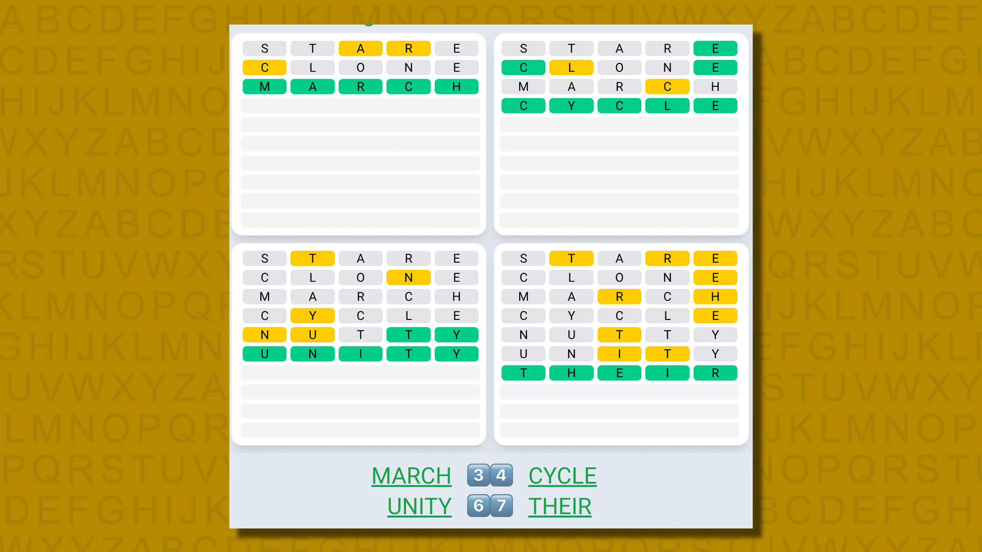 Quordle daily sequence answers for game 579 on a yellow background