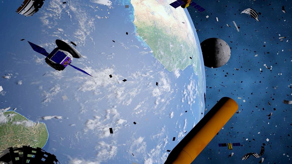 illustration of a cloud of space junk orbiting earth