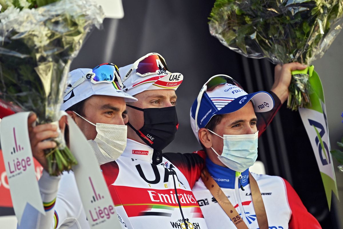 Liege - Bastogne - Liege 2021 - 107th Edition - Liege - Liege 259,1 km - 25/04/2021 - Tadej Pogacar (SLO - UAE Team Emirates) - Julian Alaphilippe (FRA - Deceuninck - Quick-Step) - David Gaudu (FRA - Groupama - FDJ) - photo Vincent Kalutt/PN/BettiniPhoto&Acirc;&copy;2021