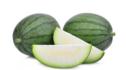 2 ripe watermelons and one sliced open with white interior 