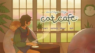 The start screen for An Average Day at the Cate Cafe, with the shop owner and a sleepy orange kitty looking out the window.