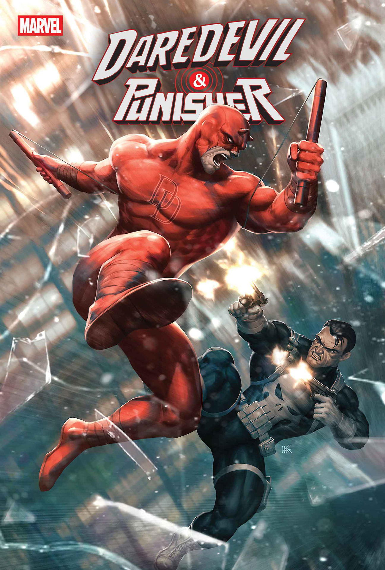 Punisher blasting away at Daredevil with two guns as Daredevil leaps into action