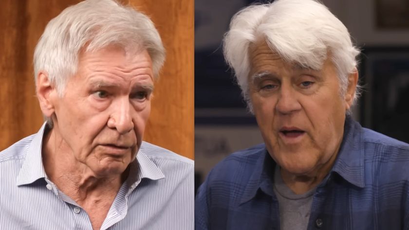 Harrison Ford giving an interview to NPR&#039;s WIld Card, Jay Leno speaking on camera for his Jay&#039;s Garage show on YouTube. 