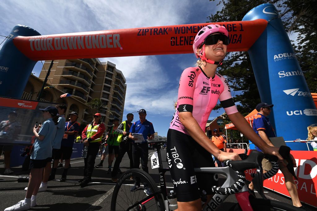 Georgia Williams of EF Education-Tibco-Svb at the start of stage 1 of the Women&#039;s Tour Down Under