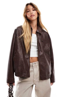 Asos Design Leather Look Top Collar Jacket in Burgundy