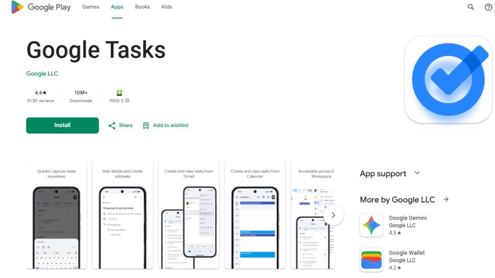 Website screenshot of Google Tasks (September, 2025)